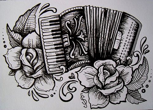 a drawing of an accordion and roses