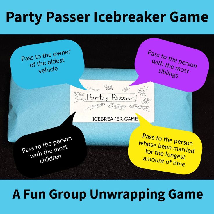 the party passer icebreakerr game is shown with four speech bubbles above it