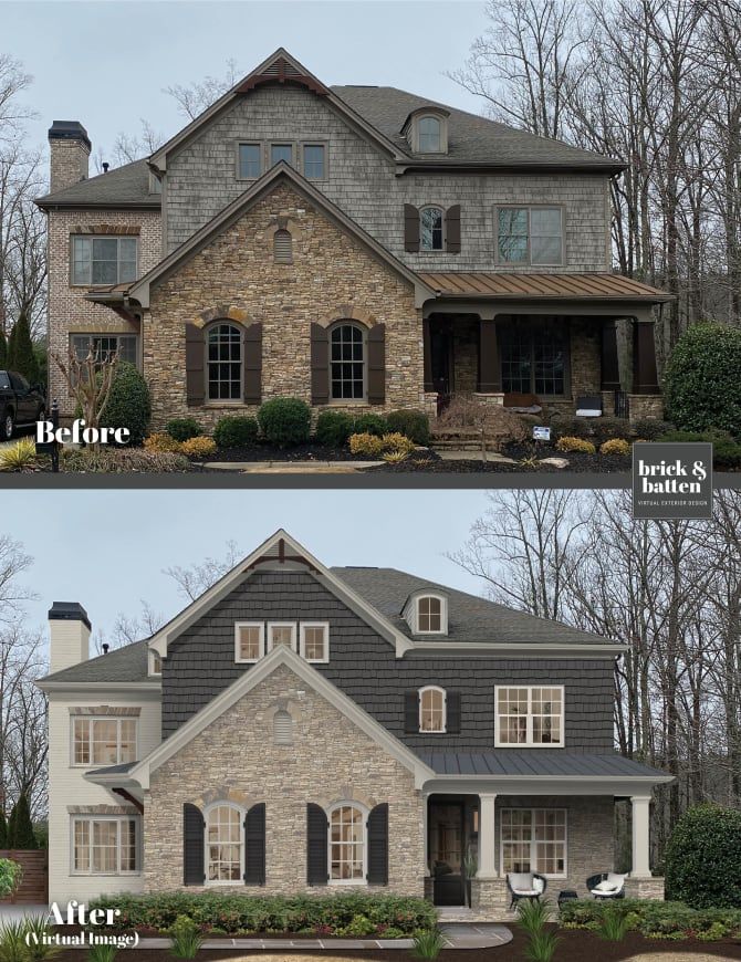 before and after pictures of a house with stone siding, windows, and shutters