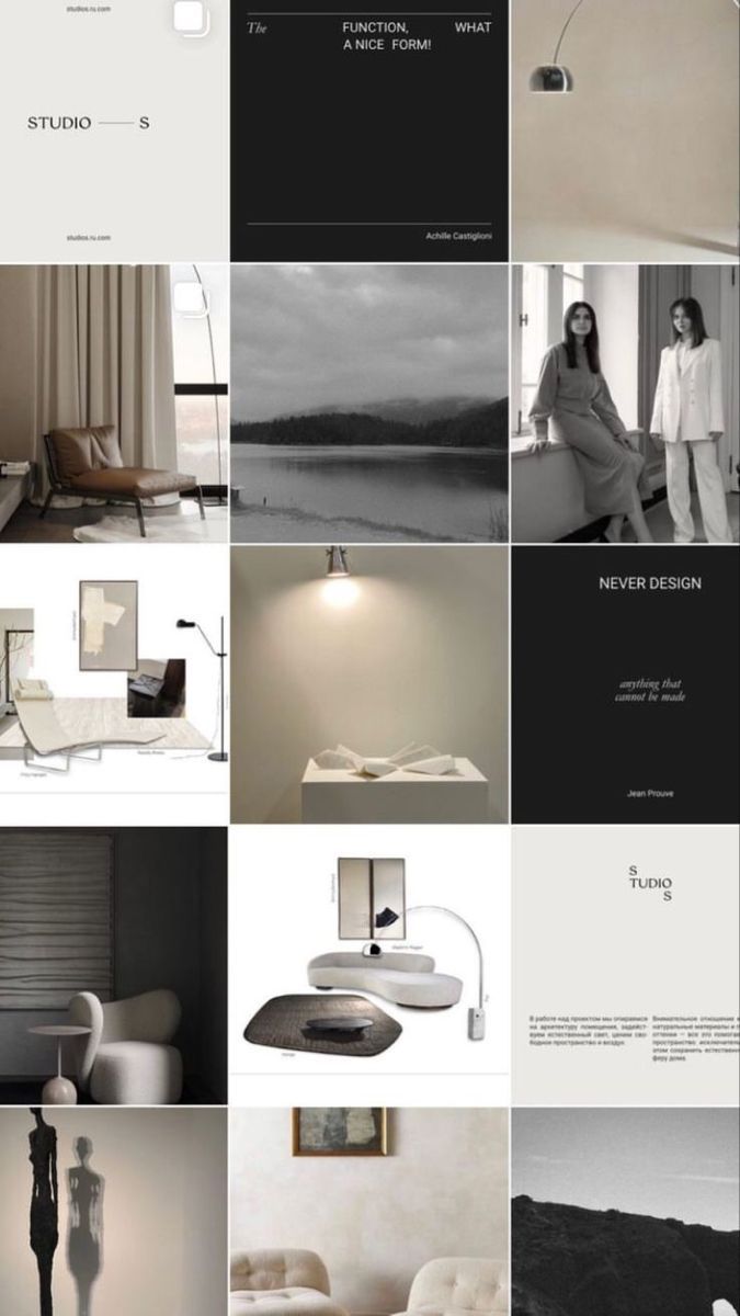 a series of photographs showing different types of furniture and lighting in black and white colors