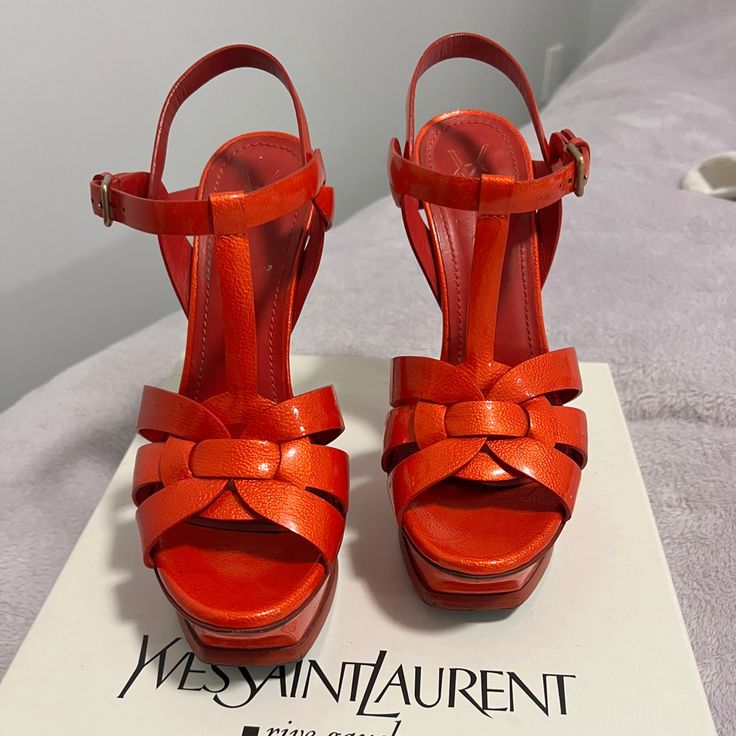 Size 37, Soles Are Redone. Damages Are Shown In Pics. Red-Orange Patent Leather Orange Platform Sandals For Evening, Evening Orange Platform Sandals, Orange Sandals With Padded Heel And Ankle Strap, Orange Ankle Strap Sandals With Padded Heel, Orange Heels With Heel Loop For Evening, Orange Evening Heels With Heel Loop, Red Patent Leather Platform Sandals, Designer High Heel Sandals With Red Sole, Orange Platform Heels With Closed Toe