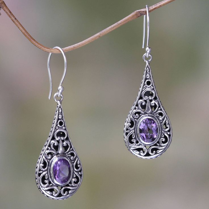 Amethyst is scintillating in sterling silver earrings from Komang Wijayana. Expertly crafted by hand with 2.5 gemstone carats the earrings are brimming with the graceful elegance of Balinese artistry. .925 Sterling silver Diamond Earrings Design, Shoulder Bags Pattern, Silver Earrings Handmade, Amethyst Jewelry, Red Earrings, Pearl Earrings Dangle, Amethyst Earrings, Girly Jewelry, Balinese