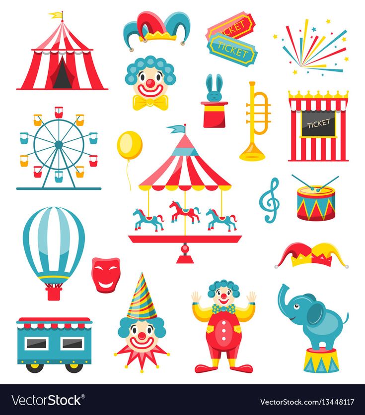 an illustration of circus and carnival icons set in flat style on white background with space for text