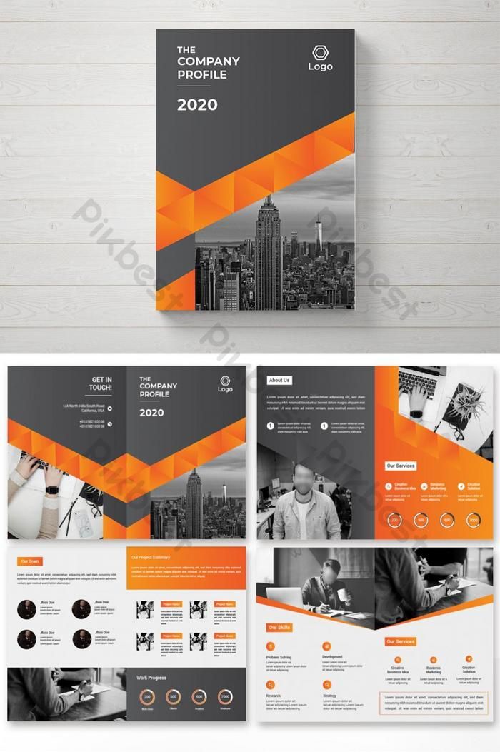 an orange and black business brochure