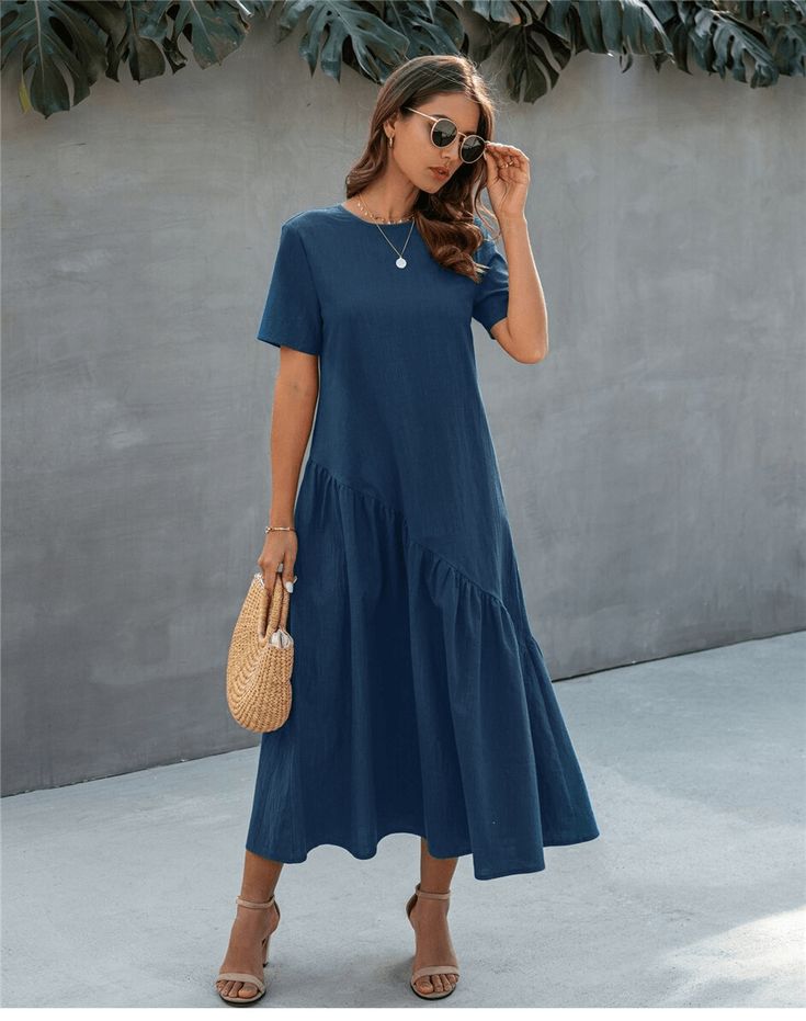 Asymmetrical Navy Blue Boho Dress Navy Blue Boho Dress, Boho Fashion Dresses, Dress Outfit Casual, Blue Boho Dress, Holiday Dresses Women, Short Sleeve Maxi Dresses, Boho Style Dresses, Dresses By Length, Slim Dresses