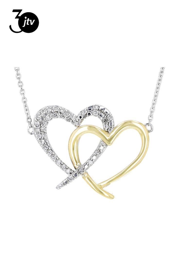 0.10ctw round white diamond, 10k yellow gold and rhodium over 10k white gold intertwining heart necklace. Features a cable chain with a jump ring at 16 inches and a spring ring clasp closure. Measures approximately 9/16"W. 10k Gold, Jump Rings, Cable Chain, Spring Rings, White Diamond, Heart Necklace, Two Tone, Cable, White Gold