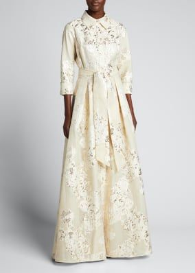 Belted Jacquard Shirtdress Gown Jacquard Gown, Teri Jon, Designer Evening Gowns, Designer Cocktail Dress, Mob Dresses, Groom Dress, Designer Gowns, Shirtdress, Bergdorf Goodman