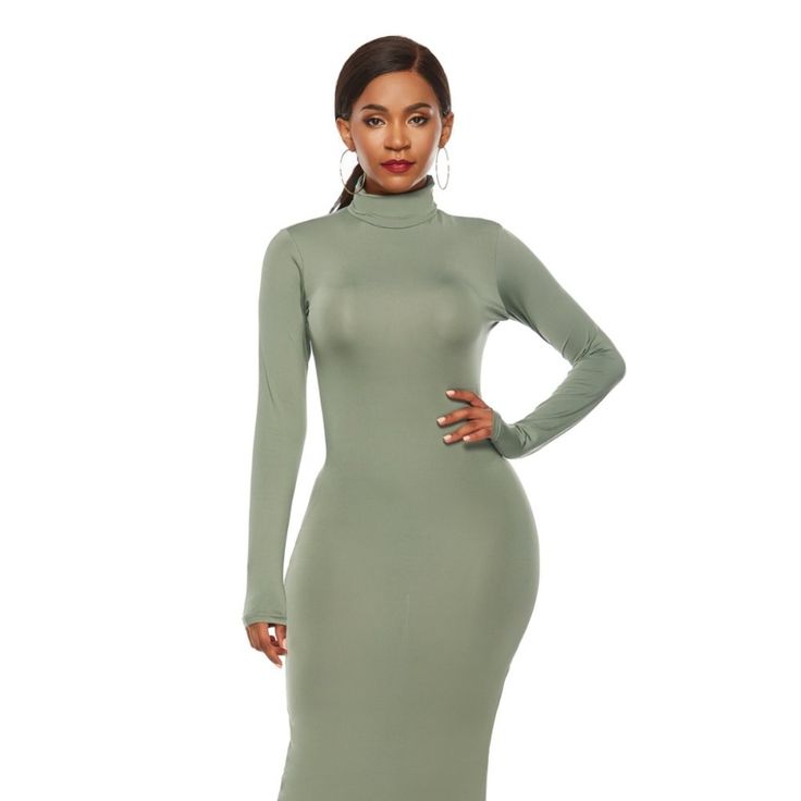 Shipping 4-6 Days Features: Basic Style Fit Type: Bodycon Sheer: Opaque Stretch: No Stretch Body: Not Lined Material Composition: 80% Polyester, 20% Spandex Care Instructions: Machine Wash Cold. Tumble Dry Low. Imported Product Measurements: S: Bust 32-35.9 In, Sleeve Length 23.8 In, Waist 25-29.3 In, Length 58.5 In, Hip 35.1-39 In M: Bust 33.9-37.8 In, Sleeve Length 24.2 In, Waist 27-31.2 In, Length 59.3 In, Hip 37.1-41 In L: Bust 35.9-39.8 In, Sleeve Length 24.6 In, Waist 29-33.2 In, Length 60 Chic Long Sleeve High Stretch Dresses, High Neck Bodycon Midi Dress In Elastane, High Neck Stretch Elastane Bodycon Dress, Long Sleeve Elastane Midi Dress, Spring High Stretch Bodycon Dress, Elastane Bodycon Dress For Fall, Casual Fitted Elastane Maxi Dress, Spring Solid Color Elastane Maxi Dress, Fitted High Neck Elastane Midi Dress