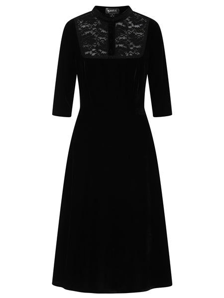 Black Wear, Retro Heels, Black Retro, Pin Up Dresses, Black Velvet Dress, Fabric Covered Button, Flowy Skirt, Lace Panelled, Crushed Velvet