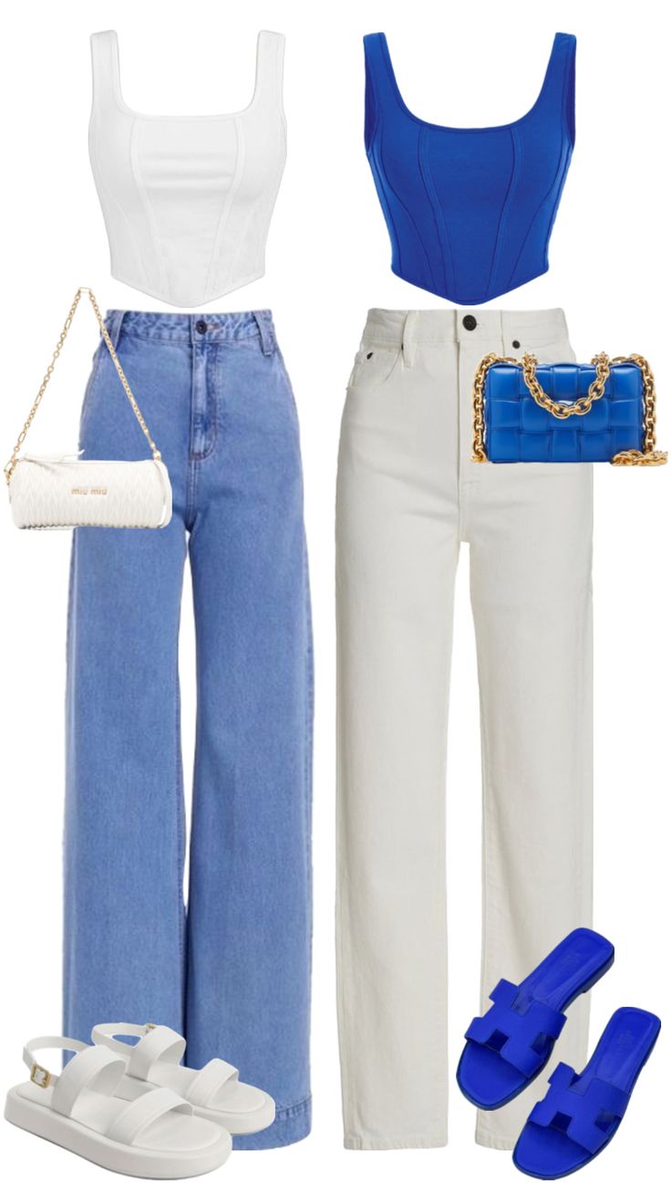 Blue Look Outfit, White And Blue Dress Outfit, Blue Women Outfit, Blue On Blue Outfit, Blue And White Outfit Ideas, Cute Blue Outfits, Blue Heels Outfit, Blue White Outfit, Blue Outfit Ideas