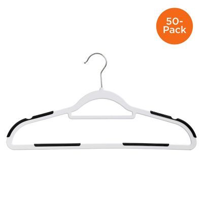 a white plastic hanger with black bar ends and 50 pack on the back side