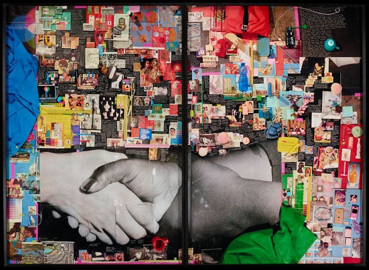 two hands holding each other in front of a collage of pictures