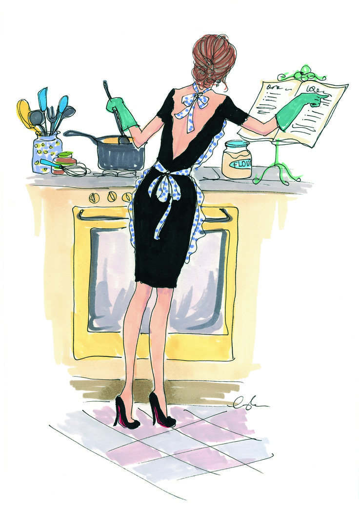 a woman standing in front of an oven with dishes on top of it and looking at papers