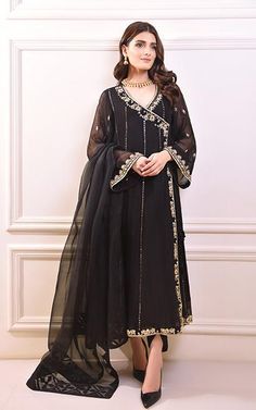 A blend of the pure cotton net with hand sheesha and zardosi work on a beautiful silhouette of angrakha. Paired with pure organza dupatta and raw silk trousers.   Delivery Time: 4 to 6 weeks Pakistani Dress Design Ideas, Angrakha Style, Zardosi Work, Pakistani Party Wear, Designer Party Dresses, Simple Pakistani Dresses, Black Party Dresses, Designer Party Wear Dresses, Fancy Dress Design