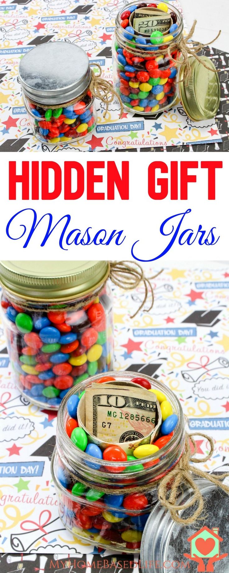 mason jar filled with colorful candy and labeled hidden gift tags on the lid for kids to make