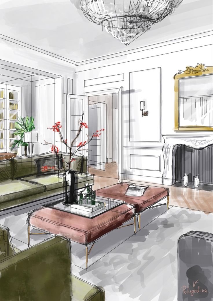 a drawing of a living room with couches, coffee table and chandelier