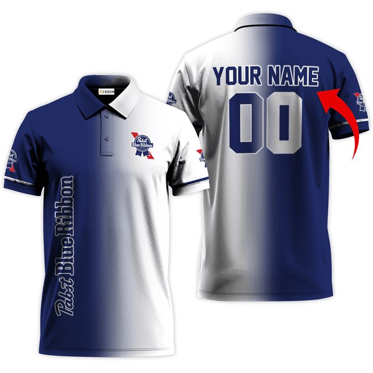 Personalized Gradient Pabst Blue Ribbon Polo Shirt, PBR Golf Polo, pabst blue ribbon polos, pabst blue ribbon polo shirt, pabst blue ribbon golf shirt, pabst golf polo, pbr polo t shirts, pbr golf shirt. Cotton Team Spirit Polo Shirt For Team Events, Cotton Polo Shirt For Team Events, Team Spirit Cotton Polo Shirt In Team Colors, Team-colored Cotton Polo Shirt With Team Spirit Style, Blue Polo Shirt With Team Name For Sports Events, Blue Polo Collar T-shirt For Sports Events, Blue Sporty Polo Shirt With Team Logo, Blue Polo Shirt For Sports Events, Team Spirit Blue Polo Shirt For Team Events