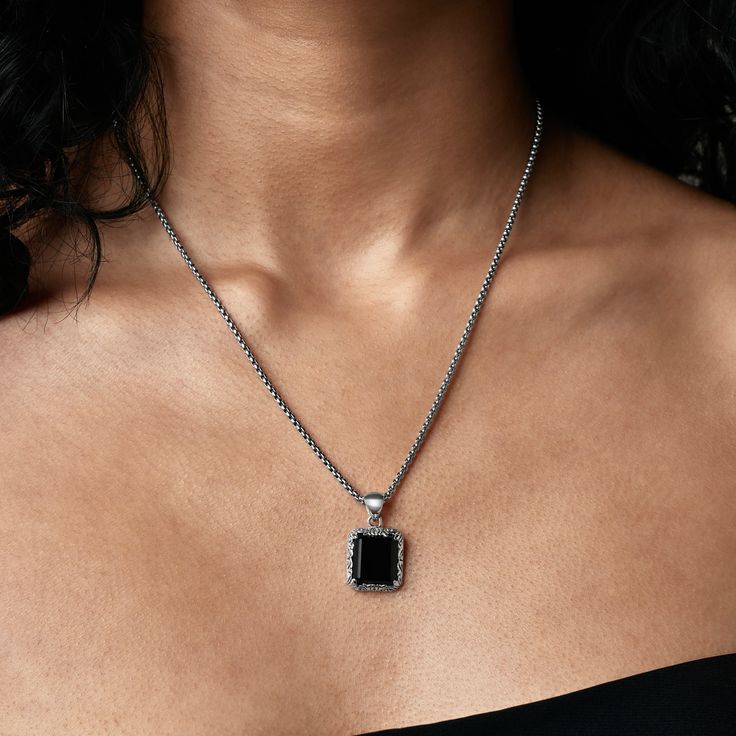 Featuring a rectangular cut Onyx stone framed within ornate sterling silver detailing. The Rebirth takes on an almost mystical quality, representing the rebuilding and reinventing of oneself and embracing a fresh start. Handcrafted sterling silver with black onyx stone. Comes on 60cm x 2mm gauge stainless steel rounded box chain with silver clasp. Mens Silver Necklace, Black Onyx Stone, Sterling Silver Mens, Men's Necklace, Onyx Stone, Box Chain, Silver Man, Black Onyx, Heavy Metal