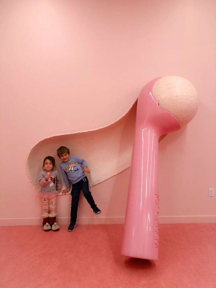 two children are sitting next to a giant pink object in the shape of a hairdryer