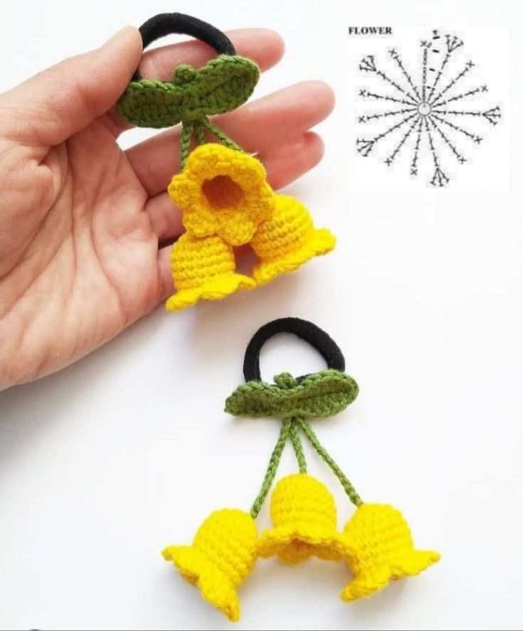 two crocheted flowers are being held by someone's hand and the other one is