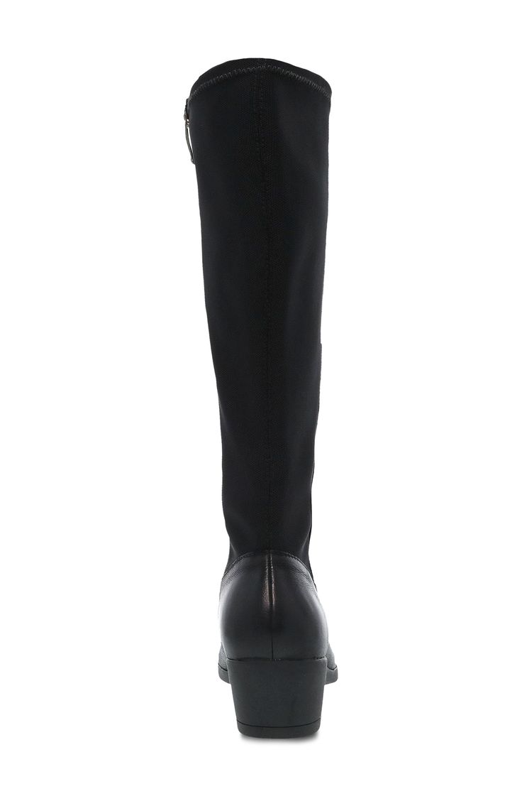 Rugged leather and contour-defining stretch fabric create an ideal fit and sleek silhouette in this knee-high boot set on an all-day-comfortable rubber sole. 1 3/4" heel, 14 1/2" shaft, 15" circumference (size 8.5) Leather and textile upper and lining/rubber sole Imported Knee-high Polyurethane Boots Medium Width, Formal Knee-high Polyurethane Boots, Knee-high Heeled Boots In Polyurethane, Black Knee-high Boots With Reinforced Heel, Black Tall Knee-high Boots With Reinforced Heel, Fall Synthetic Knee-high Boots, Knee-high Synthetic Boots Medium Width, Wide Calf Polyurethane Knee-high Heeled Boots, Faux Leather Knee-high Boots For Business