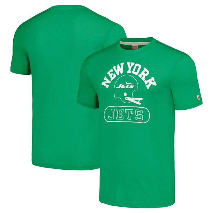 Celebrate your unwavering loyalty to the New York Jets with this Helmet Tri-Blend T-Shirt from Homage. This comfortable gear proudly displays the Jets logo, making it the perfect way to represent your favorite NFL team. Green Crew Neck Top With Team Logo, Team Logo Short Sleeve T-shirt, Green Top With Team Logo For Fan Gear, Green Tops With Team Logo For Fan Gear, Tri-blend Short Sleeve T-shirt With Team Logo, Green Short Sleeve Top With Team Logo, Green Sporty T-shirt For Fan Gear, Green Fan Apparel T-shirt With Logo, Green Fan Apparel T-shirt With Logo Print