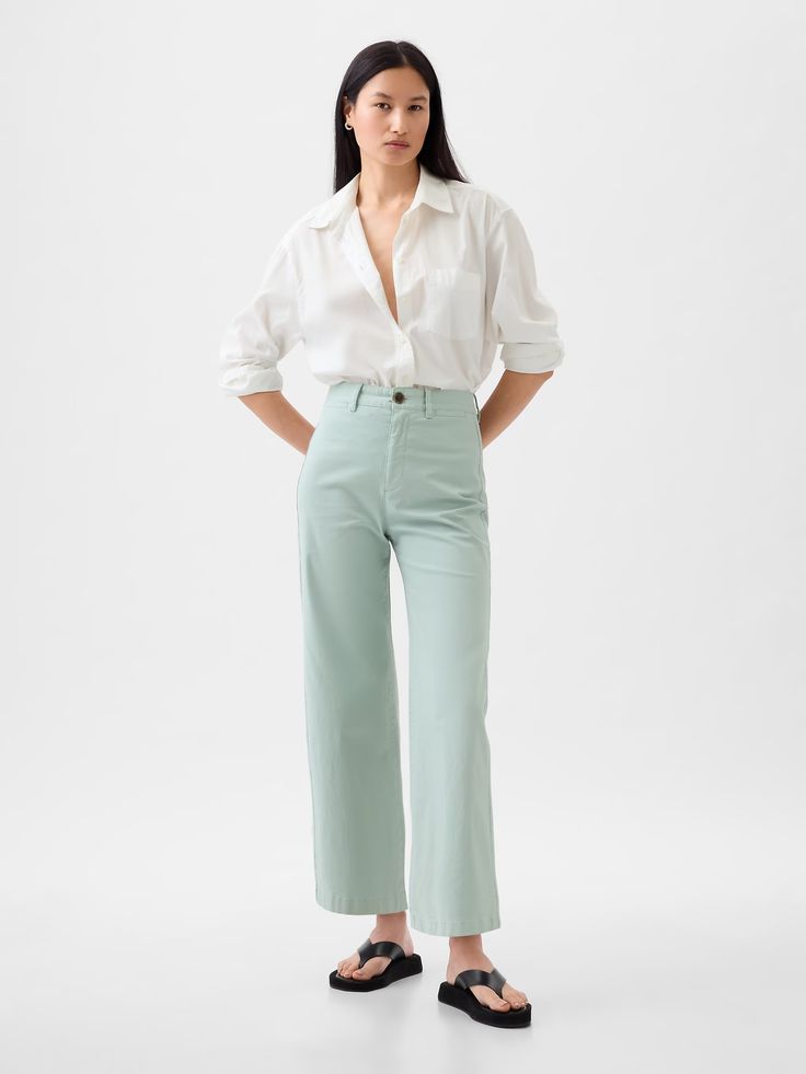 High Stride Wide-Leg Ankle Khakis | Gap Mint Trousers Outfit, Mint Green Pants Outfit, Summer Corporate, Wide Pants Outfit, Mint Green Pants, Green Pants Outfit, Gap Outfits, Smart Casual Women, Trouser Outfit