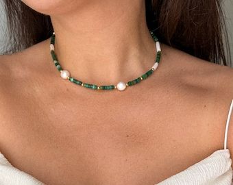 Green Canadian Jade Tube Beads Necklace, Gold Vermeil Plated Silver Details & Fresh Water Pearls, Modern Jewelry, 18.5inches, Gift for Her - Etsy Canada Elegant Green Pearl Necklace With Colorful Beads, Carnelian Beads, Fresh Water Pearls, Water Pearls, Jade Beads, Tube Beads, Beads Necklace, Chain Ring, Baroque Pearls