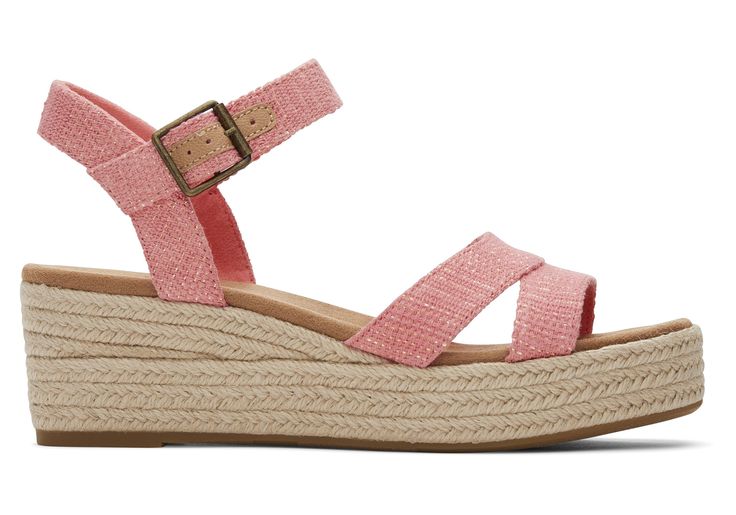 Your elevated sandal staple: our mid-height Audrey wedge. Featuring ultra-feminine design details like to-the-floor rope wrap, glimmering metallic pops, and a chic ankle strap buckle. Achieve effortless elegance from seaside vacations to outdoor weddings and beyond. | Linen upper with metallic stripe detailing. Non-removable, high-rebound comfort OrthoLite® Eco X40-Hybrid™ insole made with 32% eco content including 15% hybrid materials, 12% bio-oil and 5% recycled rubber. Rope-wrapped platform w Pink Casual Wedge Sandals With Adjustable Straps, Casual Adjustable Pink Wedge Sandals, Adjustable Pink Synthetic Wedge Sandals, Casual Pink Adjustable Wedge Sandals, Toms Sandals, Chunky Wedges, Ankle Strap Wedges, Strap Wedge, Outdoor Weddings