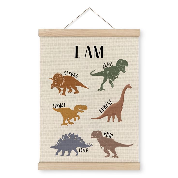 a poster with different types of dinosaurs hanging on it's wall and the words i am