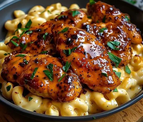 some chicken wings and macaroni in a bowl on a wooden table with parsley