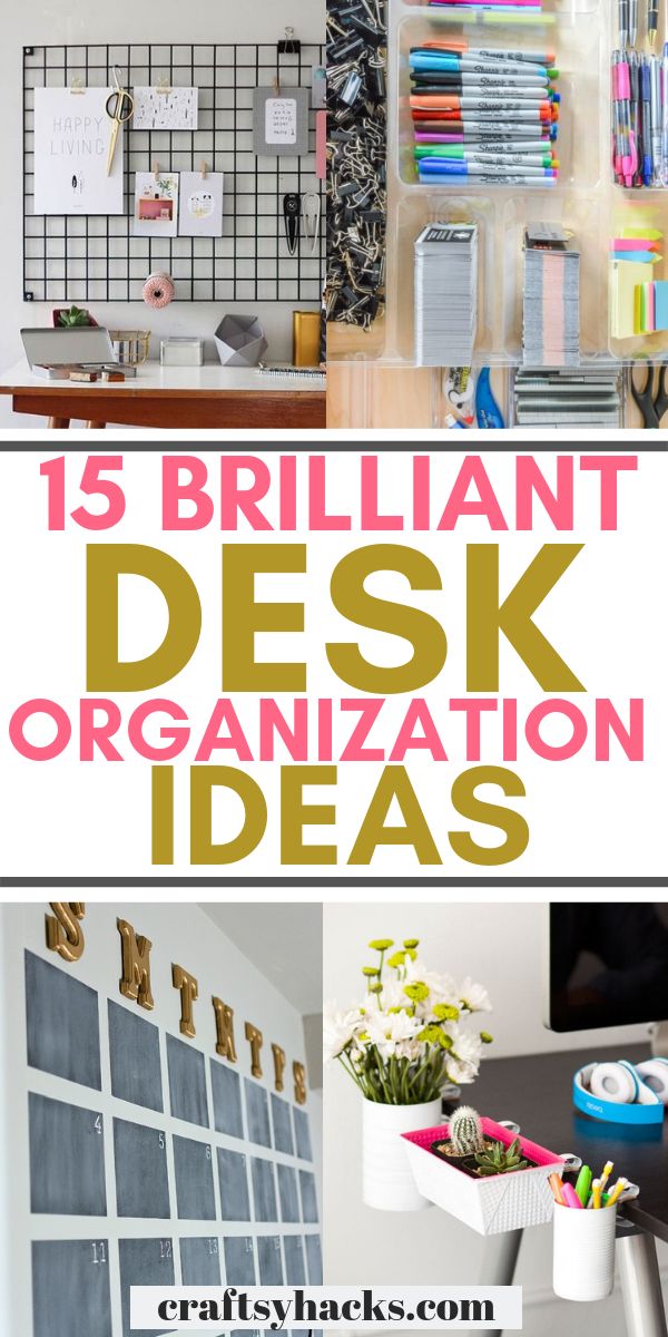 the words brilliant desk organization ideas are shown