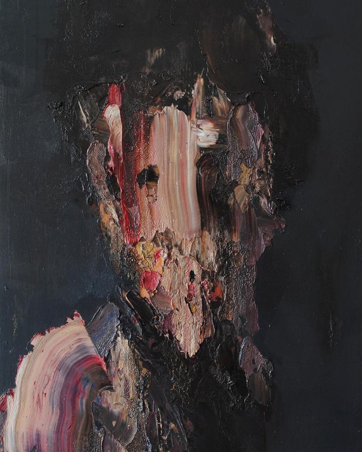 an abstract painting of a man's face in black and pink tones, with dark background