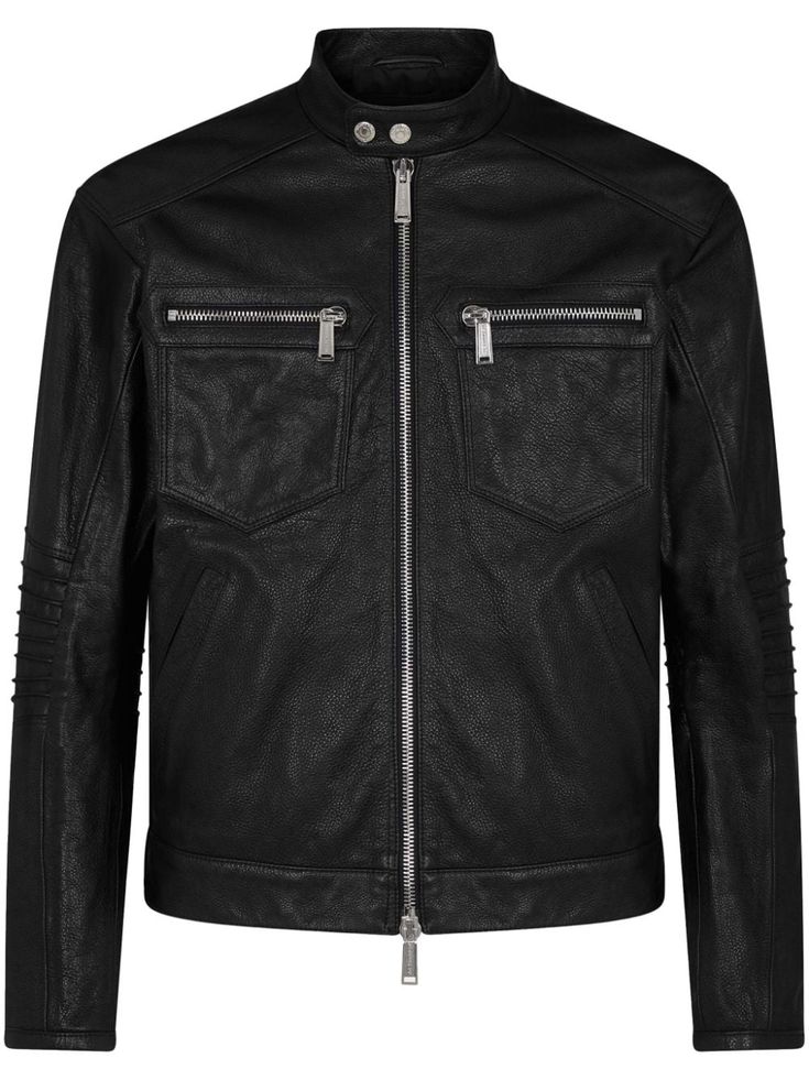 jet black calf leather pebbled texture tonal stitching silver-tone hardware pleat detailing stand-up collar front two-way zip fastening long sleeves cuff zips two zip-fastening chest pockets straight hem Zip Up Leather Jacket, Biker Leather, Balenciaga Triple S, Leather Jacket Black, Short Suit, Derby Shoes, Sweaters Knitwear, Mens Outerwear, Jet Black