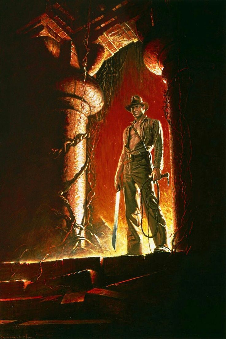 a man holding a knife standing in front of a red fire filled room with columns