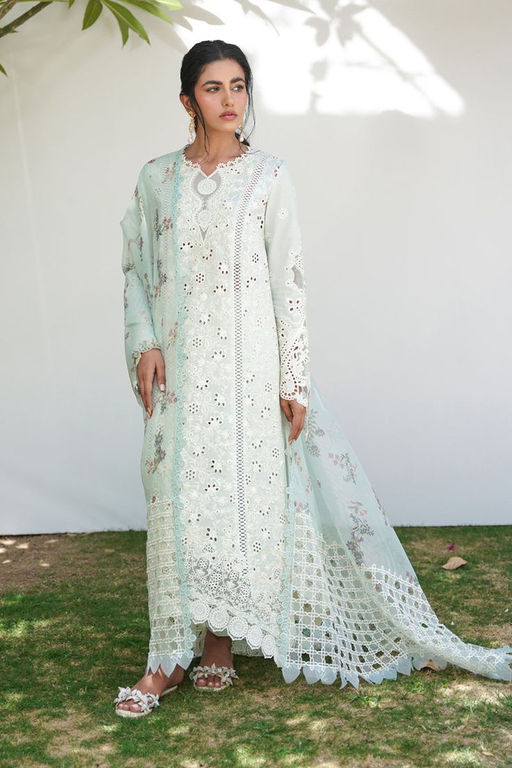 Qalamkar RT-08 Aylin Q Line Lawnkari Collection Semi-stitched White Unstitched Suit With Naqshi, Designer White Lawn Suit With Naqshi, Unstitched Green Anarkali Set With Naqshi Detailing, Bollywood White Lawn Suit With Naqshi, Unstitched White Lawn Suit With Naqshi Details, Unstitched White Lawn Suit With Naqshi, Elegant Semi-stitched Lawn Suit With Printed Motifs, Semi-stitched Green Anarkali Set With Naqshi, Eid Georgette Lawn Suit With Naqshi Detail