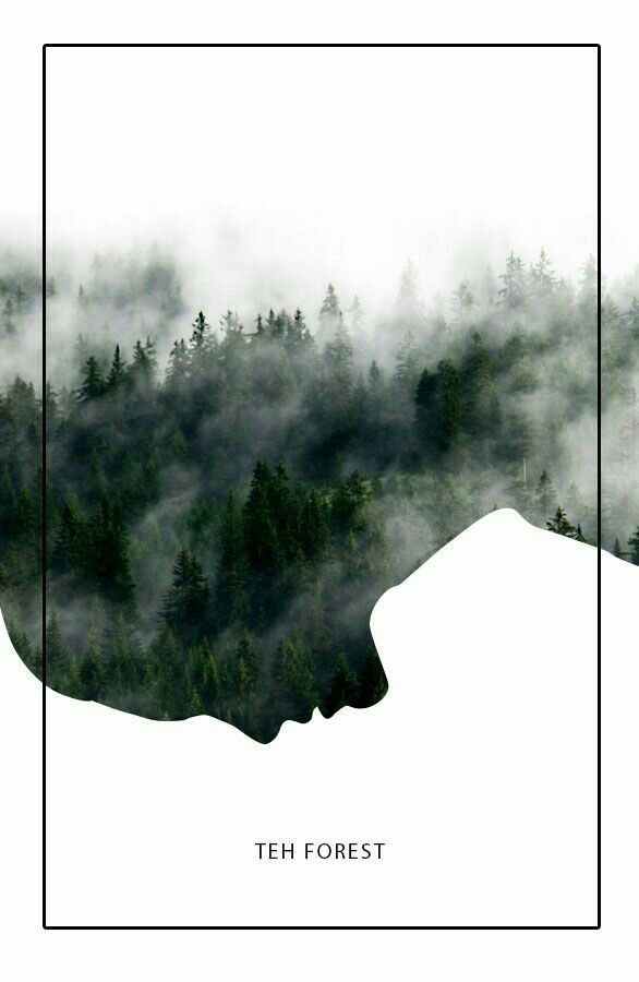 a poster with trees and fog in the background that says,'teh forest '