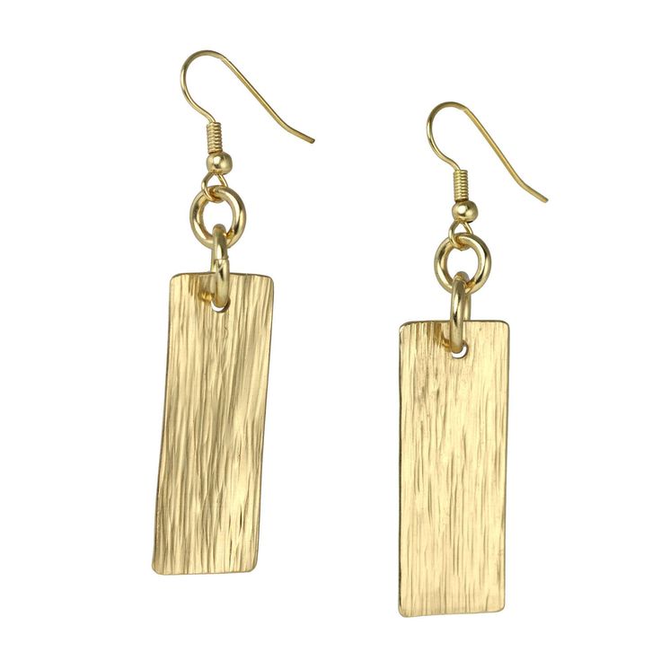 It's only natural to be attracted to these stunning Nu Gold Bark Drop Earrings. The contemporary rectangular shape is enhanced by a beautiful hand-chased bark texture that gleams in a rich gold color. Measures approximately 2 1/2 inches in Length x 1/2 inches in Width Nu Gold (Red Brass) Brass is sealed with a protective coating to prevent Tarnish 14K Gold-filled French Earwires, for pierced ears only Gift Boxed View our Portfolio Video of Nu Gold Brass Jewelry Hammered Gold Rectangular Jewelry, Gold Hammered Rectangular Jewelry, Gold Hammered Rectangular Earrings, Modern Hammered Rectangular Earrings, Elegant Hammered Rectangular Earrings, Elegant Rectangular Hammered Earrings, Gold Brass Rectangular Earrings, Gold Rectangular Brass Earrings, Nickel Free Rectangular Gold Earrings