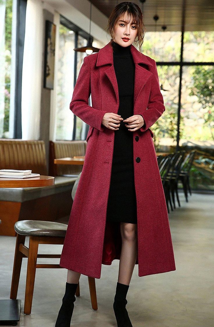 ❤❤A trench-inspired silhouette graces this wool blend coat that is simply elegant and will be an everlasting addition to your outerwear lineup. Detailed design: ●Single-breasted button closure ●Notched collar ●Lined ●Front welt pockets ●Removable tie belt ●Wool and polyester ●Dry clean ★★Please inform your height, weight and bust. Your clothes need me to spend 3-5 days to cut and sew. Please be patient. I will make your clothes with my heart. Long Single-breasted Wool Coat For Office, Long Sweater Coat For Formal Occasions, Single-breasted Wool Sweater Coat, Office Wool Long Coat In Solid Color, Office Long Wool Coat Solid Color, Office Long Wool Coat In Solid Color, Red Long Outerwear For Work, Long Red Outerwear For Work, Wool Coat With Lapel Collar In Solid Color