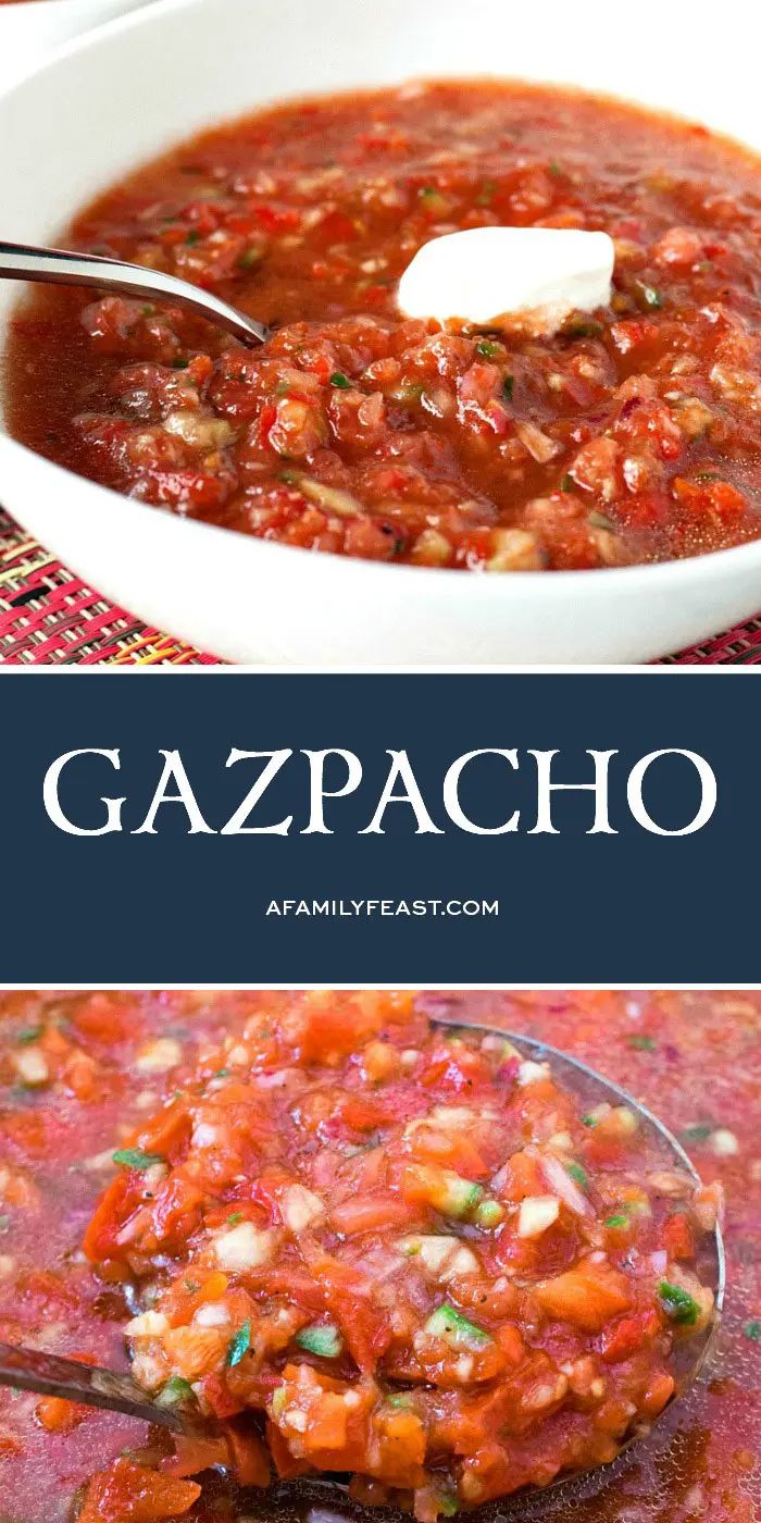 a bowl of gazpacho is shown with the title above it and an image of