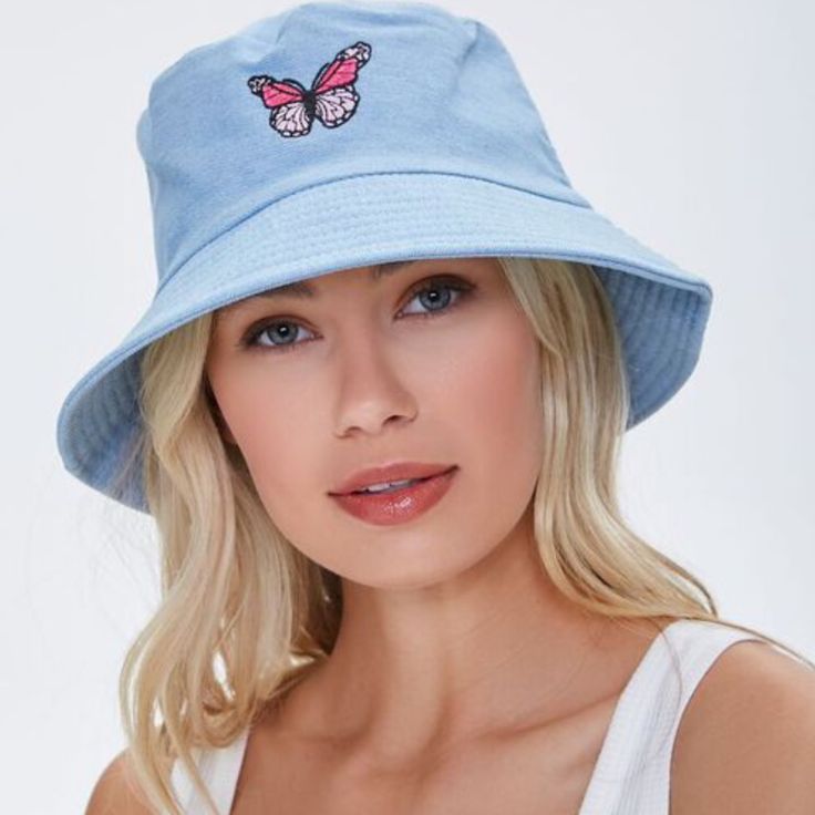 Forever 21 Bucket Hat Denim Style With Butterfly Graphic New Without Tags One Size Blue Denim Bucket Hat For Summer, Summer Denim Blue Cotton Hat, Trendy Cotton Summer Hats, Denim Bucket Hat For Summer, Summer Denim Bucket Hat With Curved Brim, Denim Blue Summer Hat, One Size Fits Most, Denim Blue Summer Hat One Size, Denim Blue Bucket Hat For Summer, Summer Denim Hat With Curved Brim