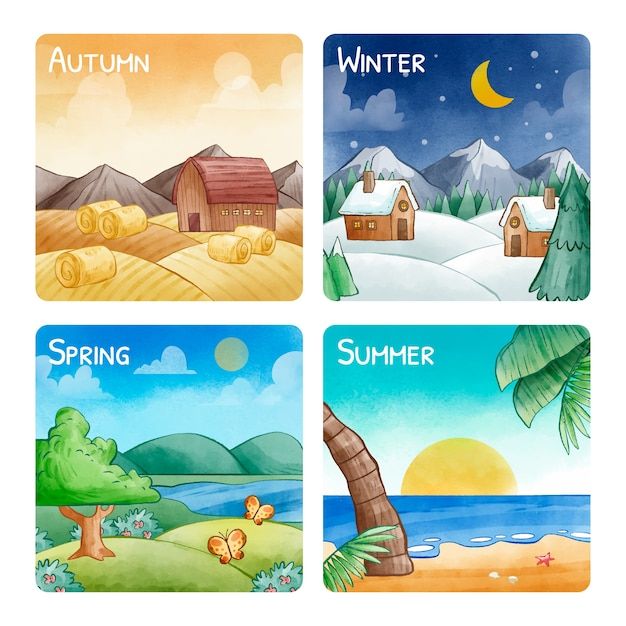 four different seasons cards with houses, trees and mountains in the background for children's learning