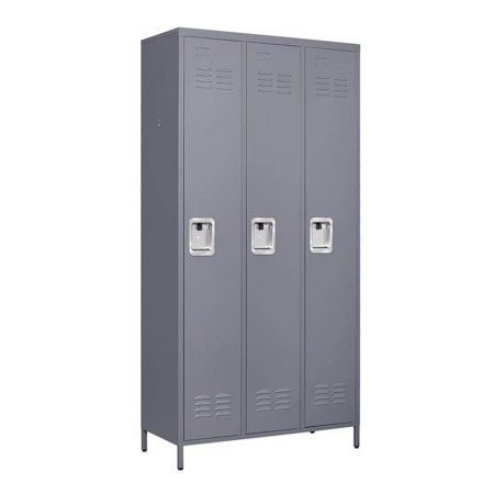 a gray metal locker with two doors