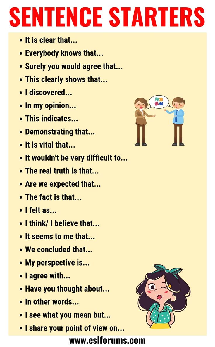 a poster with the words sentence starter and an image of two people talking to each other