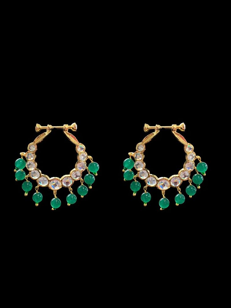 chandbali earrings  medium sized  made using authentic Hyderabadi polki , semi precious emerald beads and 22carat gold plating Green Hand Set Chandbalis For Festivals, Green Hand Set Chandbalis For Celebration, Hand Set Green Chandbalis For Celebration, Festival Green Hand Set Chandbalis, Emerald Chandbali Jewelry For Festivals, 22k Gold Chandbali Earrings With Cutdana, Green 22k Gold Chandbali Earrings, 22k Gold Green Chandbali Earrings, Emerald Chandbali With Stone Work Jewelry