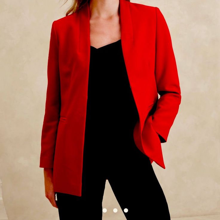 Refresh Your Wardrobe With This Vibrant And Sophisticated Red Collarless Blazer From Banana Republic Factory. This Brand-New Piece, Complete With Tags, Is Designed To Offer Both Style And Comfort. Made From High-Quality Bi-Stretch Fabric, This Blazer Moves With You, Ensuring A Flattering Fit For Any Body Type. Featuring A Sleek Hook-And-Eye Front Closure, This Blazer Offers A Modern And Streamlined Look Without The Bulk Of Traditional Collars. The Front Pockets Add Both Functionality And A Touch Red Evening Blazer For Fall, Red Evening Blazer For Spring, Tailored Red Outerwear For Evening, Evening Blazer For Fall, Elegant Red Evening Outerwear, Elegant Red Outerwear For Night Out, Chic Red Outerwear For Night Out, Chic Red Blazer For Night Out, Classic Red Outerwear For Layering