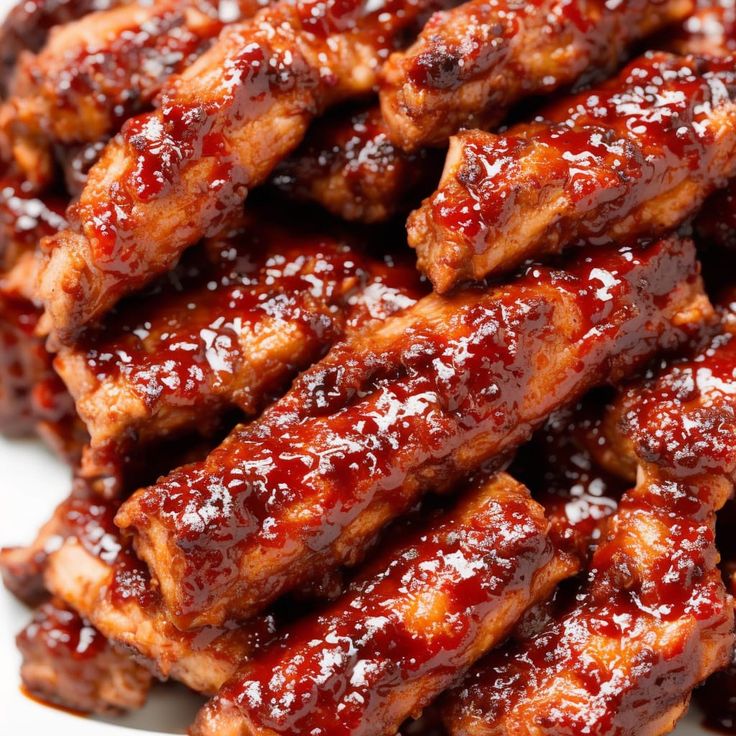 closeup of barbecue ribs covered in bbq sauce