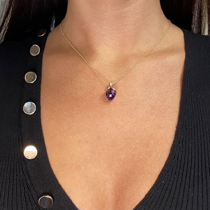 This Beautiful Purple Amethyst & Diamond Pendant Necklace Is Crafted In 18k Rose Gold. Bail Is Set With Tiny Diamonds Weighing 0.03cttw. Amethyst Weight: 7.80cts. Pendant Size: 16.00mm. Chain Length: 17.00 Inches. Comes With Box And Certificate. Id: 048378 Purple Diamond Necklace In Fine Jewelry Style, Yellow Gold Amethyst Heart Cut Jewelry, Purple Diamond Necklace Fine Jewelry, Fine Jewelry Purple Diamond Necklace, Luxury Purple Necklace For Anniversary, Purple Teardrop Fine Jewelry Necklace, Luxury Purple Necklaces For Anniversary, Elegant Purple Pendant Birthstone Necklace, Purple Gemstone Heart Pendant Jewelry