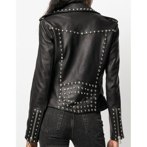 Silver Studs Black Leather Brando Jacket Women | Punk Motorcycle Jacket – Jacket Hunt Fall Leather Jacket With Spikes And Long Sleeves, Fitted Winter Outerwear With Spikes, Fitted Leather Jacket With Spikes For Fall, Edgy Leather Jacket With Spikes, Edgy Long Sleeve Leather Jacket With Spikes, Fitted Fall Outerwear With Spikes, Rock Style Studded Fitted Outerwear, Winter Rocker Leather Jacket With Rivets, Edgy Studded Biker Jacket