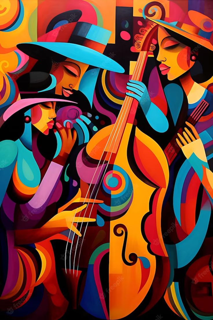 an abstract painting of two women playing instruments